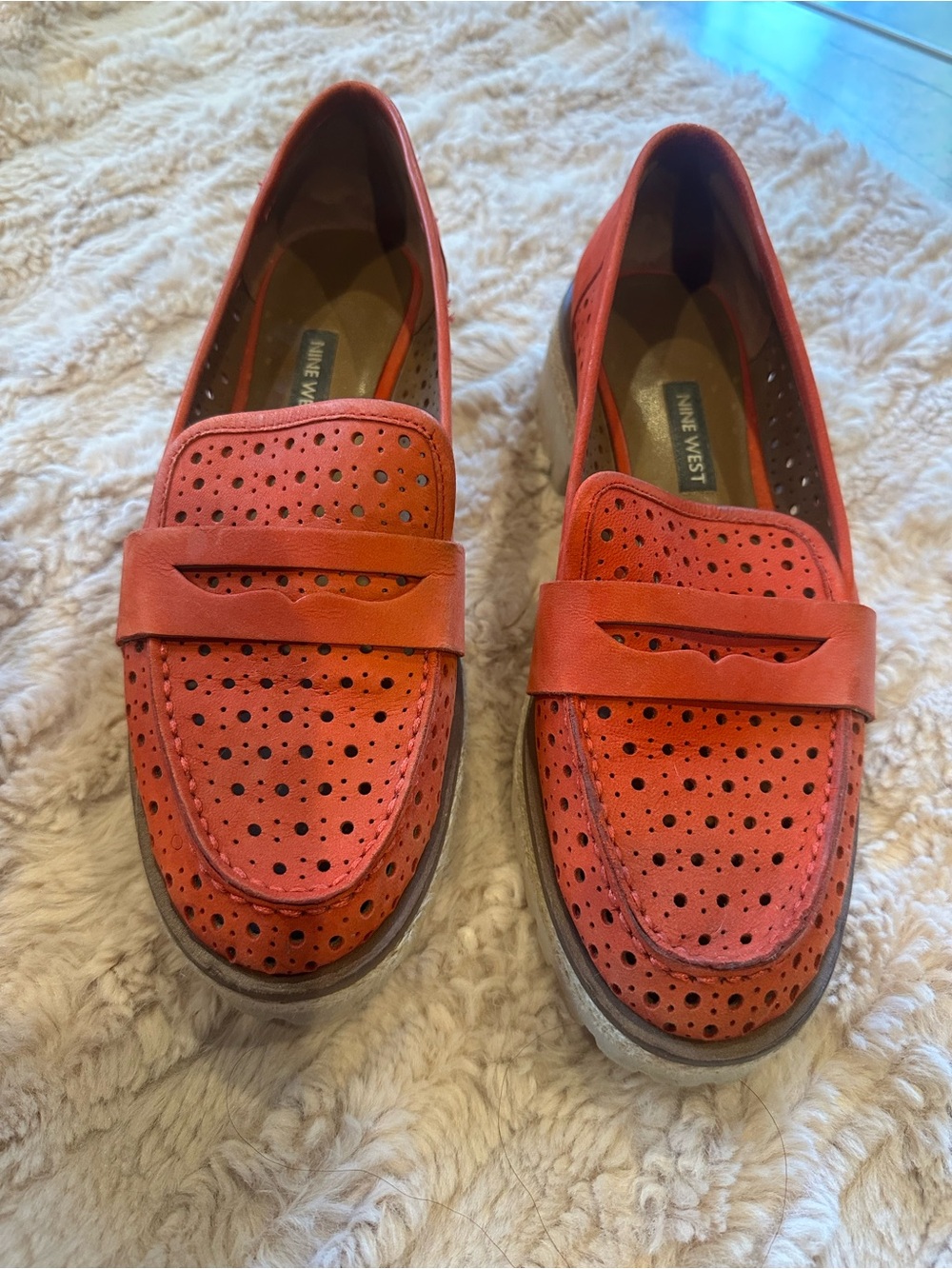 Nine West Coral-Red Perforated Leather Loafers